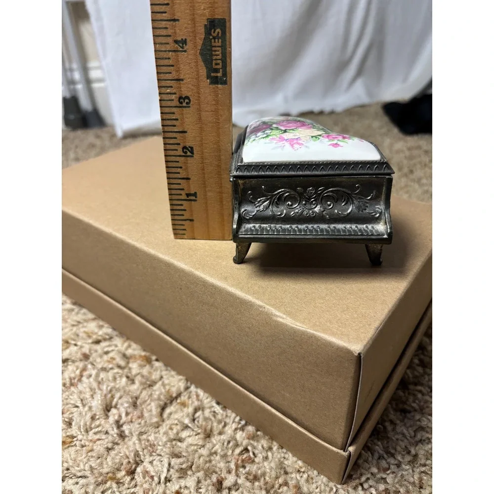 Vintage Grand Piano Music Box Jewelry Trinket Case Floral Porcelain Inlay Silver